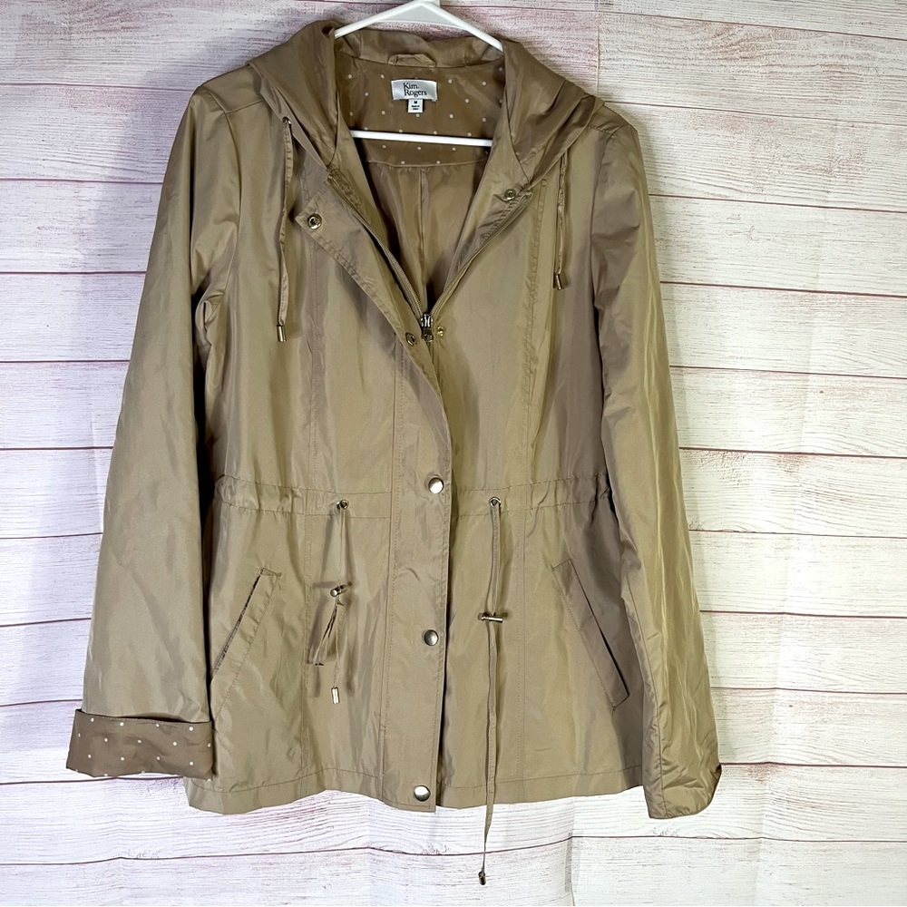 Kim Rogers Tan Light Windbreaker Waist Drawstring Hooded Jacket Size Med…